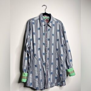 Robert Graham Houndstooth Stripe Embroidered Dress Shirt Large